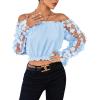 imageLYANER Womens Off Shoulder Floral Mesh Long Sleeve Ruffle Trim Crop Blouse TopSky Blue
