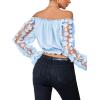 imageLYANER Womens Off Shoulder Floral Mesh Long Sleeve Ruffle Trim Crop Blouse TopSky Blue