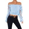 imageLYANER Womens Off Shoulder Floral Mesh Long Sleeve Ruffle Trim Crop Blouse TopSky Blue