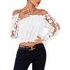 imageLYANER Womens Off Shoulder Floral Mesh Long Sleeve Ruffle Trim Crop Blouse TopWhite