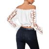 imageLYANER Womens Off Shoulder Floral Mesh Long Sleeve Ruffle Trim Crop Blouse TopWhite
