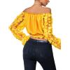 imageLYANER Womens Off Shoulder Floral Mesh Long Sleeve Ruffle Trim Crop Blouse TopYellow
