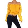 imageLYANER Womens Off Shoulder Floral Mesh Long Sleeve Ruffle Trim Crop Blouse TopYellow