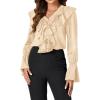 imageLYANER Womens V Neck Ruffle Front Button Down Ruffle Long Sleeve Blouses Top Shirt Beige Medium