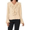 imageLYANER Womens V Neck Ruffle Front Button Down Ruffle Long Sleeve Blouses Top Shirt Beige Medium