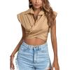 imageLYANER Womens Collar V Neck Wrap Front Cross Tie Back Cap Sleeve Crop Top BlouseKhaki