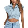 imageLYANER Womens Collar V Neck Wrap Front Cross Tie Back Cap Sleeve Crop Top BlouseLight Blue