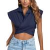 imageLYANER Womens Collar V Neck Wrap Front Cross Tie Back Cap Sleeve Crop Top BlouseNavy Blue