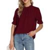 imageLYANER Womens Frill Mock Neck Pletaed Puff Short Sleeve Chiffon Blouse Shirt TopBurgundy