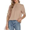 imageLYANER Womens Frill Mock Neck Pletaed Puff Short Sleeve Chiffon Blouse Shirt TopLight Khaki