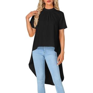 imageLYANER Womens Asymmetrical High Low Short Sleeve Mock Neck Flowy Blouse TopsBlack
