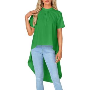 imageLYANER Womens Asymmetrical High Low Short Sleeve Mock Neck Flowy Blouse TopsGreen
