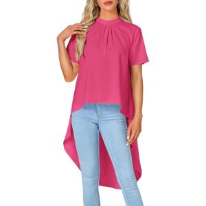 imageLYANER Womens Asymmetrical High Low Short Sleeve Mock Neck Flowy Blouse TopsRose