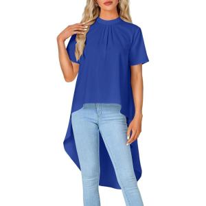 imageLYANER Womens Asymmetrical High Low Short Sleeve Mock Neck Flowy Blouse TopsRoyal Blue