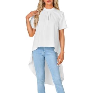 imageLYANER Womens Asymmetrical High Low Short Sleeve Mock Neck Flowy Blouse TopsWhite