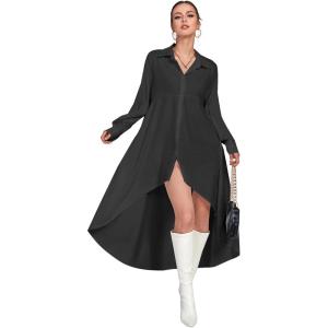 imageLYANER Womens Collar Button Down Flowy High Low Hem Long Sleeve Blouse Shirt TopBlack