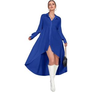 imageLYANER Womens Collar Button Down Flowy High Low Hem Long Sleeve Blouse Shirt TopRoyal Blue