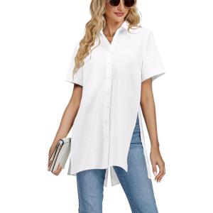 imageLYANER Womens Collar V Neck Split Hem Button Down Long Sleeve Long Shirt Blouse Tunic TopWhite