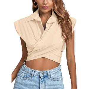 imageLYANER Womens Collar V Neck Wrap Front Cross Tie Back Cap Sleeve Crop Top BlouseBeige