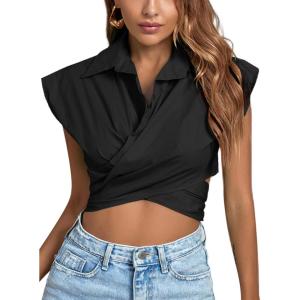 imageLYANER Womens Collar V Neck Wrap Front Cross Tie Back Cap Sleeve Crop Top BlouseBlack