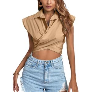 imageLYANER Womens Collar V Neck Wrap Front Cross Tie Back Cap Sleeve Crop Top BlouseKhaki