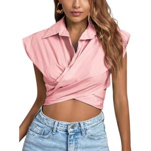 imageLYANER Womens Collar V Neck Wrap Front Cross Tie Back Cap Sleeve Crop Top BlouseLight Pink