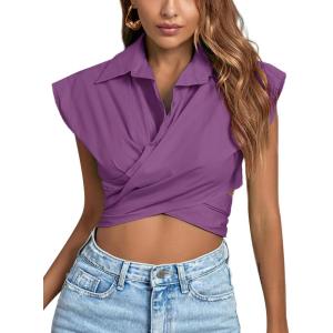 imageLYANER Womens Collar V Neck Wrap Front Cross Tie Back Cap Sleeve Crop Top BlouseLight Purple