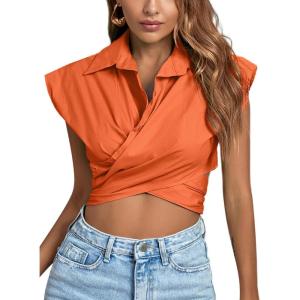 imageLYANER Womens Collar V Neck Wrap Front Cross Tie Back Cap Sleeve Crop Top BlouseOrange
