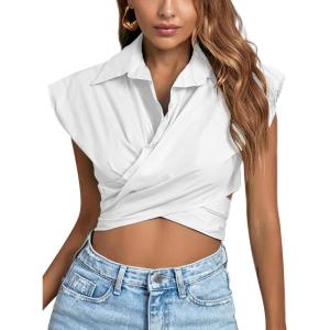 imageLYANER Womens Collar V Neck Wrap Front Cross Tie Back Cap Sleeve Crop Top BlouseWhite