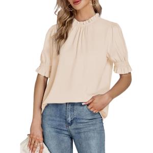 imageLYANER Womens Frill Mock Neck Pletaed Puff Short Sleeve Chiffon Blouse Shirt TopBeige