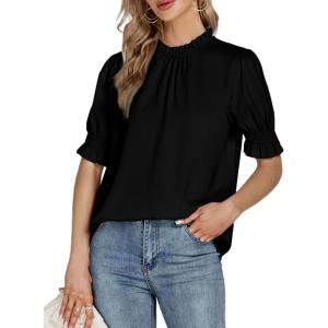 imageLYANER Womens Frill Mock Neck Pletaed Puff Short Sleeve Chiffon Blouse Shirt TopBlack
