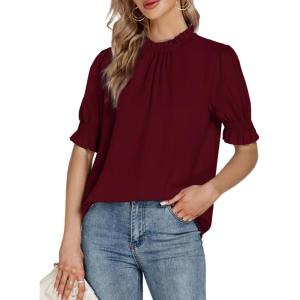 imageLYANER Womens Frill Mock Neck Pletaed Puff Short Sleeve Chiffon Blouse Shirt TopBurgundy