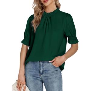 imageLYANER Womens Frill Mock Neck Pletaed Puff Short Sleeve Chiffon Blouse Shirt TopDark Green