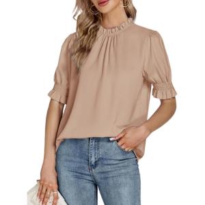 imageLYANER Womens Frill Mock Neck Pletaed Puff Short Sleeve Chiffon Blouse Shirt TopLight Khaki