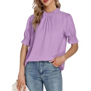 imageLYANER Womens Frill Mock Neck Pletaed Puff Short Sleeve Chiffon Blouse Shirt TopLight Purple