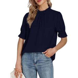 imageLYANER Womens Frill Mock Neck Pletaed Puff Short Sleeve Chiffon Blouse Shirt TopNavy Blue