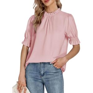 imageLYANER Womens Frill Mock Neck Pletaed Puff Short Sleeve Chiffon Blouse Shirt TopPink