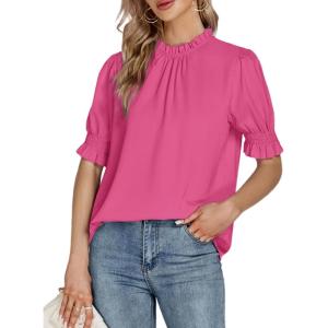 imageLYANER Womens Frill Mock Neck Pletaed Puff Short Sleeve Chiffon Blouse Shirt TopRose