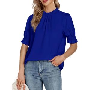 imageLYANER Womens Frill Mock Neck Pletaed Puff Short Sleeve Chiffon Blouse Shirt TopRoyal Blue