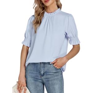 imageLYANER Womens Frill Mock Neck Pletaed Puff Short Sleeve Chiffon Blouse Shirt TopSky Blue