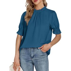 imageLYANER Womens Frill Mock Neck Pletaed Puff Short Sleeve Chiffon Blouse Shirt TopTeal Blue