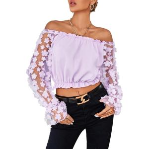 imageLYANER Womens Off Shoulder Floral Mesh Long Sleeve Ruffle Trim Crop Blouse TopLight Purple