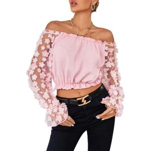 imageLYANER Womens Off Shoulder Floral Mesh Long Sleeve Ruffle Trim Crop Blouse TopPink