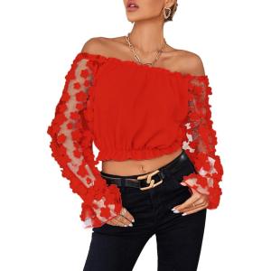 imageLYANER Womens Off Shoulder Floral Mesh Long Sleeve Ruffle Trim Crop Blouse TopRed