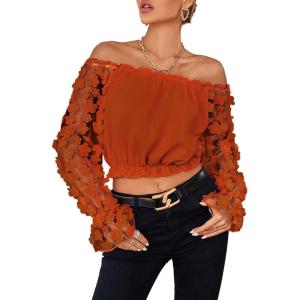imageLYANER Womens Off Shoulder Floral Mesh Long Sleeve Ruffle Trim Crop Blouse TopRust Red
