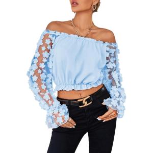imageLYANER Womens Off Shoulder Floral Mesh Long Sleeve Ruffle Trim Crop Blouse TopSky Blue
