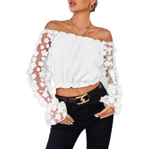 imageLYANER Womens Off Shoulder Floral Mesh Long Sleeve Ruffle Trim Crop Blouse TopWhite