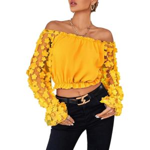 imageLYANER Womens Off Shoulder Floral Mesh Long Sleeve Ruffle Trim Crop Blouse TopYellow