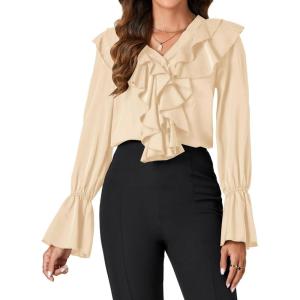 imageLYANER Womens V Neck Ruffle Front Button Down Ruffle Long Sleeve Blouses Top Shirt Beige Medium