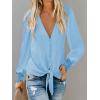imageLYANER Womens Casual V Neck Long Sleeve Tie Front Knot Button Down Shirt Blouse TopLight Blue